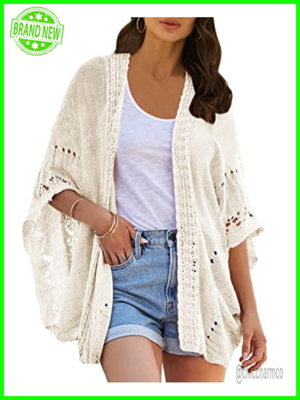 Crochet Kimono Cardigan Open Front Batwing Sleeve Lightweight